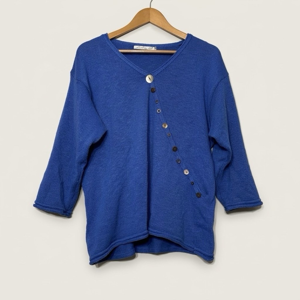 Lulu B 100% Cotton Knit Top 3/4Sleeve Artsy Shell Buttons Bright Blue Womens XL